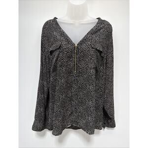 EXPRESS Black White Zipper V-Neck Career Top Roll Up Tab Sleeve XL